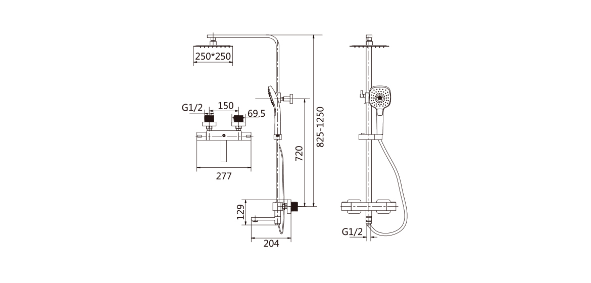 Square Thermostatic Shower Column  Three Functions